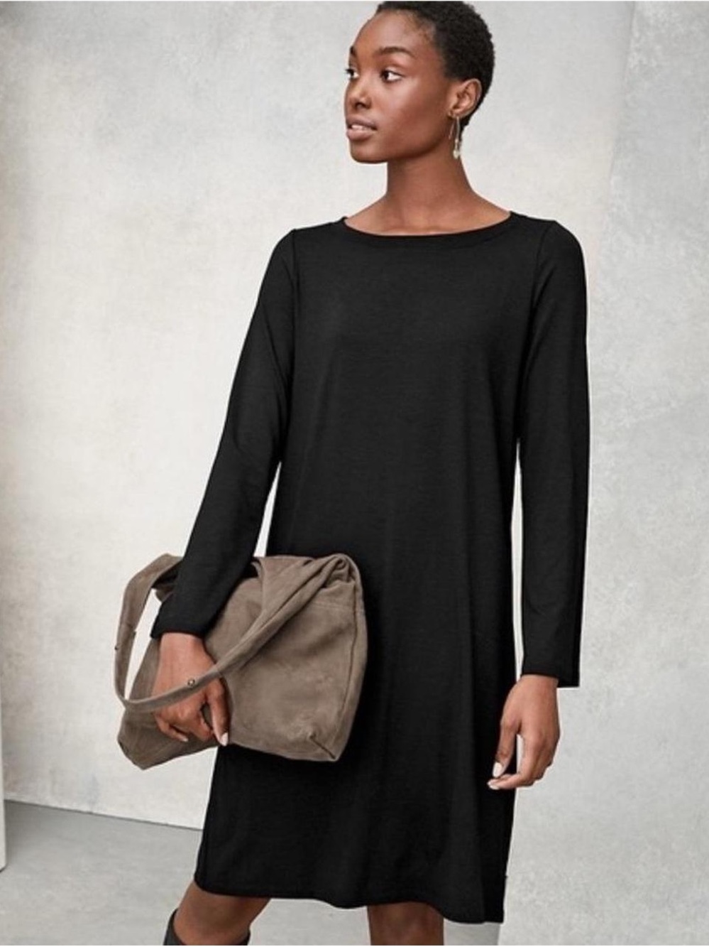 Eileen Fisher Black long sleeve Shift Dress Italian Yarn Stretch Staple piece S